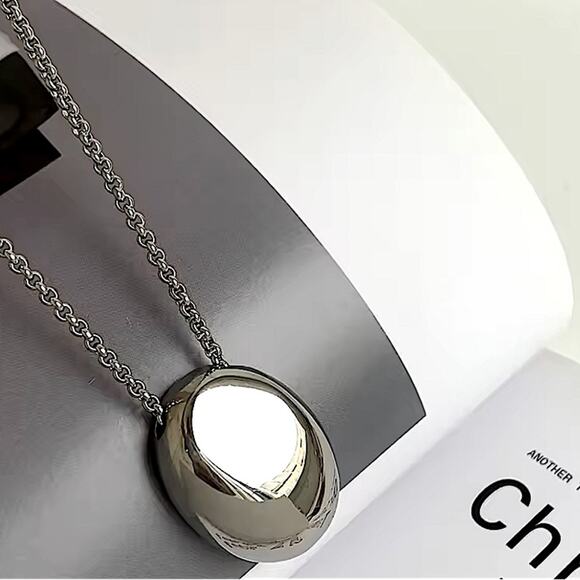 Silver Minimalist Long Oval Sweater Necklace  Stainless Steel Pendant Waterproof - Picture 9 of 9